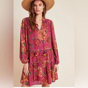 Farm Rio Anthropologie Pink Eyelet Floral Tiered Dress Size M
